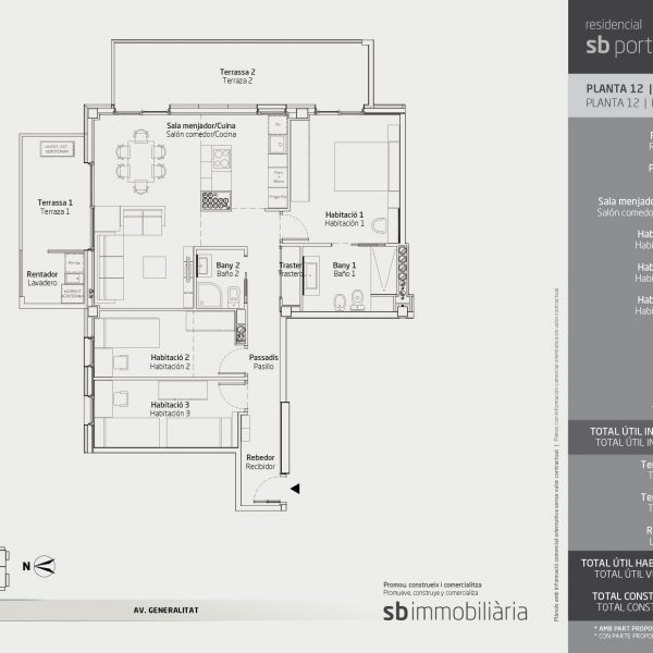 Torre 1 – Planta 12 Porta 4 – 3 Dormitoris