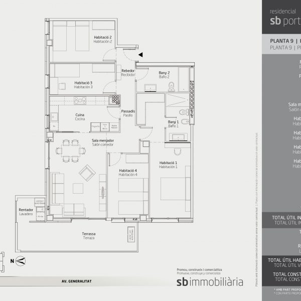 Torre 1 – Planta 9 Porta 3 –  4 Dormitoris