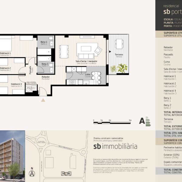 SB Porta Tortosa 2 – Esc. 1 Planta 6 Porta 1 – 3 dormitoris