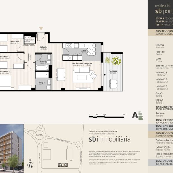 SB Porta Tortosa 2 – Esc. 2 Planta 5 Porta 1 – 3 dormitoris