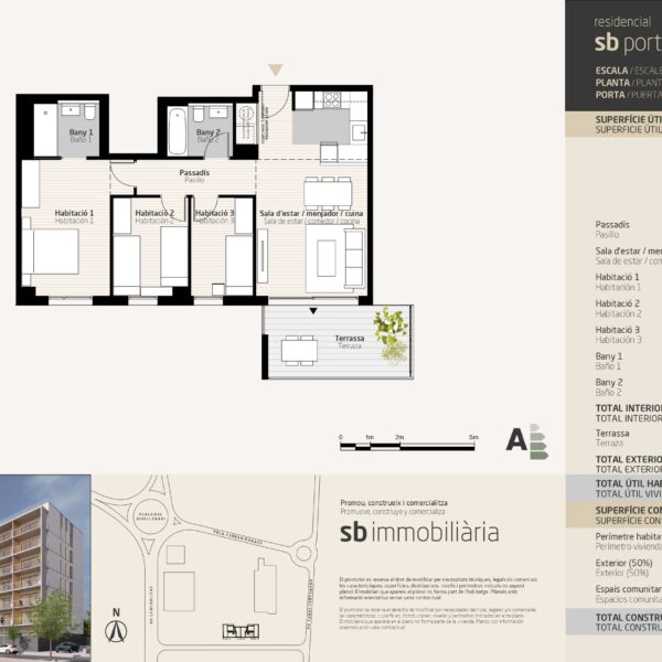 SB Porta Tortosa 2 – Esc. 2 Planta 5 Porta 4 – 3 dormitoris